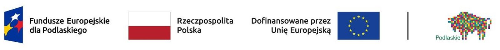 logo Fundusze Europejskiedla Podlaskiego, flaga Polski z napisem Rzeczpospolita Polska, logo Unii Europejskiej, logo województwa Podlaskiego